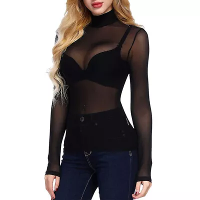 Buy Sheer Mesh Top Ladies Long Sleeve See Through High  Round Neck Stretchy T-shirt • 7.75£