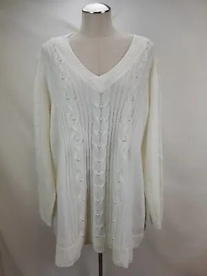 Buy Lane Bryant Womens Cable Knit Beaded Sweater Plus Size 26/28 Ivory V Pullover • 33.77£