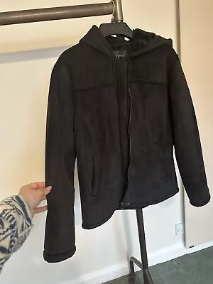 Buy Avenue Faux Fur Suede Short Coat Bomber Jacket Hooded Zip - Up Black  • 3£