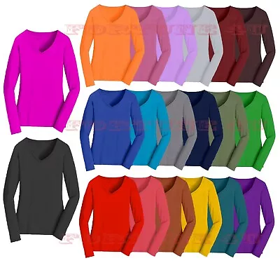 Buy Womens V Neck T-Shirt Ladies Long Sleeve Plain Slim Fit Basic T Shirt Top 8-26 • 7.99£