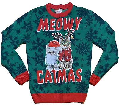 Buy Party Sweater Ugly Christmas Sweater MEOWY CATMAS Adult Small Green • 18.81£