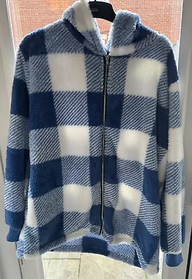 Buy Ladies Blue Patchwork Teddy Bear Hooded Zipped Jacket 4XL Pockets • 4.99£