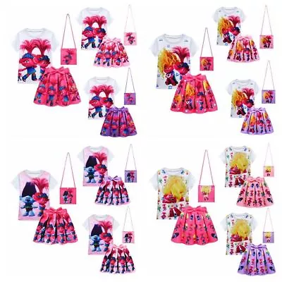 Buy 2024 Trolls 3 Poppy Cosplay Girls Costume T-shirt Skirt Bag Fancy Pleasted Dress • 12.99£