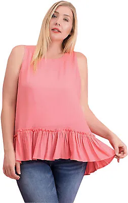 Buy Women's Blouse Coral Pink Sleeveless Tunic Summer Shirt Ruffle Hem Rayon Gauze • 8.24£
