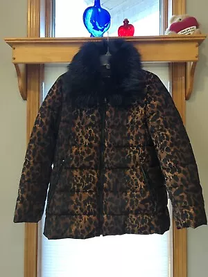 Buy Tahari Gemma Womens Quilted Leopard Print Puffer Jacket With Faux Fur Collar Med • 47.93£