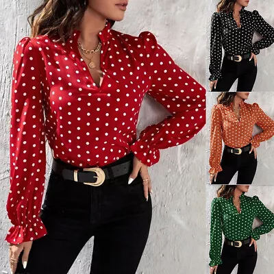 Buy Womens Polka Dot Shirts Blouse Ladies Puff Long Sleeve Work Office Casual Tops • 2.89£