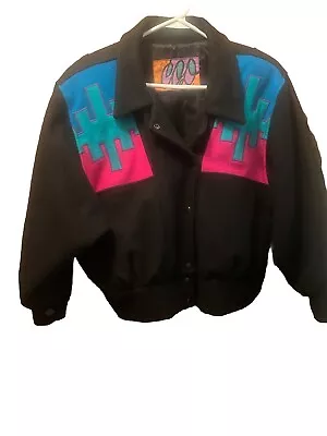 Buy 80’s Cindy Owings Designs C.O.D Bomber Jacket Black Multicolor Navajo Wool Small • 118.12£