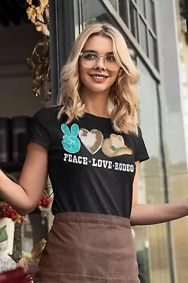 Buy Women's Peace Love Rodeo Shirt Cowboy Hat T Shirt Rodeo Wild West Graphic Wester • 22.16£