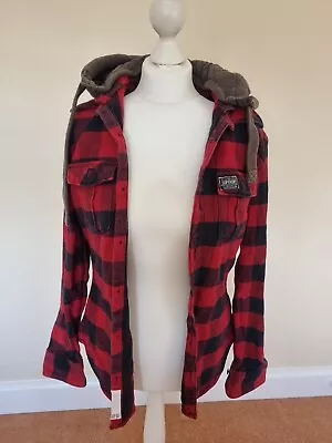 Buy Superdry Black And Red Plaid Shirt Jacket With Grey Hood Size L #DER • 12£
