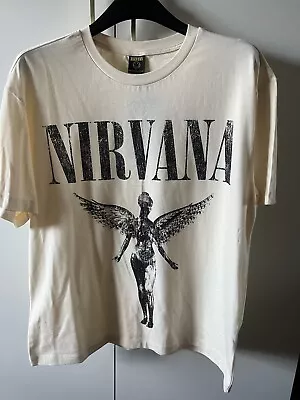 Buy Official Nirvana Crew Neck T-Shirt Angel Logo Cotton Cream Ecru Top Band Merch • 18.95£