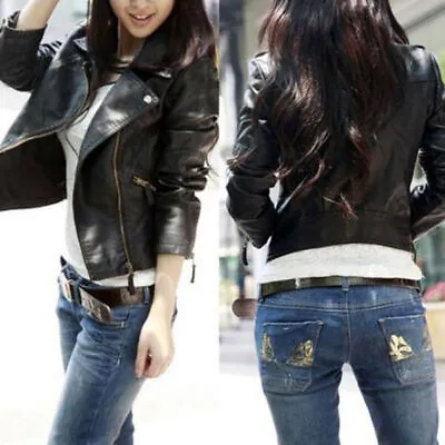 Buy Women Faux Leather Jacket Motorcycle Biker Slim Fit Short Zip Punk Coat Outwears • 13.19£