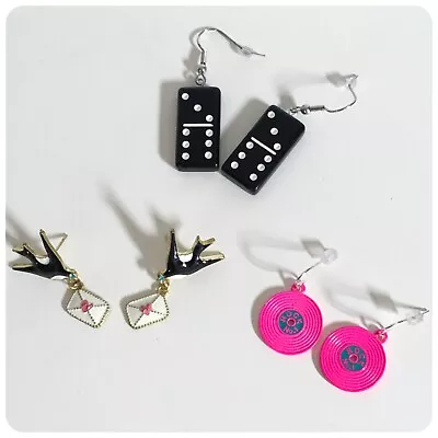 Buy 3 Pairs Retro Quirky Rockabilly Pin Up Earrings Swallows Vinyl Lp Dominoes New • 5.95£