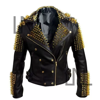 Buy Handmade Women Black Heavy Metal Gold Studs Motorbike Leather Jacket • 212.06£