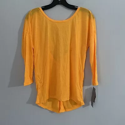 Buy Ideology Women’s High Neck Deep Open Back 3/4 Sleeve Orange Sheer Top Size XS • 9.45£