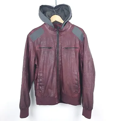 Buy Guess Men's Red Faux Leather Jacket With Hood Size Large • 40£