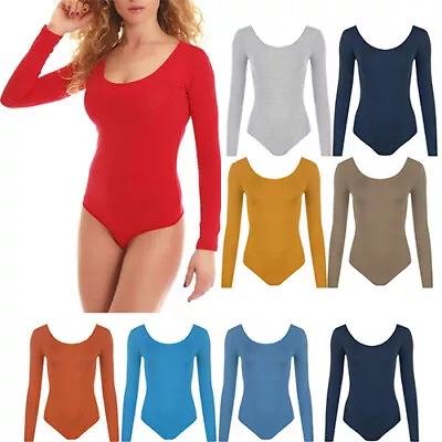 Buy Womens Long Sleeve Leotard Bodysuit Top Ladies Stretchy Body Top T Shirt 8-26 UK • 5.99£