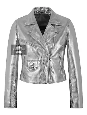 Buy Women's Brando Metallic Foil Silver Slim-fit Biker Leather Jacket Emma Watson • 98.80£