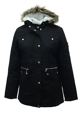 Buy Womens New Black Long Parka Winter Jacket Fleece Lined Fur Trim Hood Plus Size • 44.95£