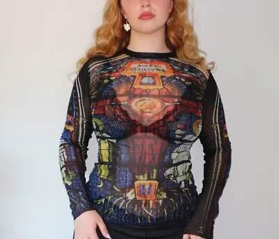 Buy Vintage Jean Paul Gaultier Mesh Top Gothic Stained Glass Cathedral Print  • 597.47£