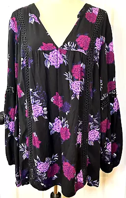 Buy Torrid Blouse Sz 3X Black Floral Crochet Trim Babydoll Peasant Tunic Top • 19.27£