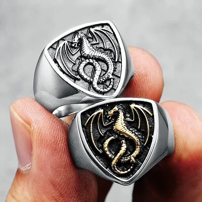 Buy Dragon Shield Ring 316L Stainless Steel Men Rings Rock Punk Norse Retro  Jewelry • 10.61£