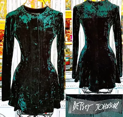 Buy Vintage Betsey Johnson 90s Green Crushed Velvet Button Down Skater Flare Dress S • 240.17£