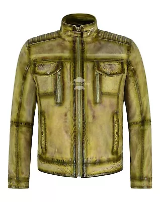 Buy RACER Mens Leather Jacket Dirty Green Waxed Denim Look Biker Napa Leather Jacket • 139.70£