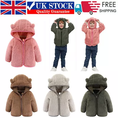 Buy Kids Girls Boys Fleece Coat Teddy Bear Hooded Zip Winter Warmer Jacket Outwear • 12.49£