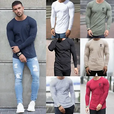 Buy Mens Slim Muscle Fit Long Sleeve T Shirt Gym Designer Plain Curved Hem Tee Top • 14.99£