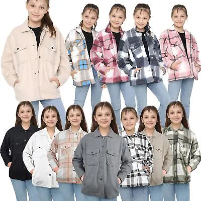 Buy Kids Girls Plain & Check Print Jackets Tunic Fleece Collared Fashion Coat 7-13 Y • 5.99£