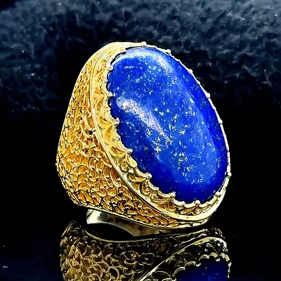 Buy 925k Silver Gold Plated Natural Lapis Large Ring, Large 14K Gold Blue Lapis Ring • 137.35£