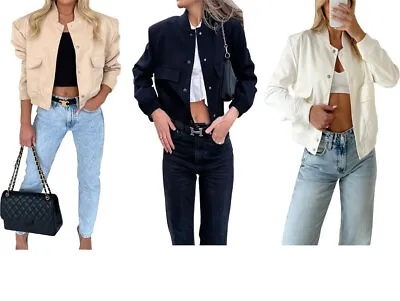 Buy Ladies Womens Long Sleeve Button Down Bomber 2 Pocket Baseball Cropped Jacket • 99.99£