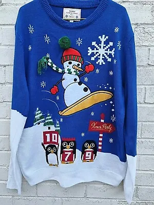 Buy Mens NEXT Christmas Jumper - Size Large - Snowman Ski Design - Blue And White • 17£