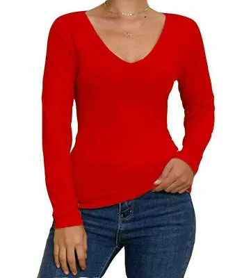 Buy Women Plain Long Sleeve Casual Jersey Stretchy V Neck Basic T-Shirt Tee Top • 5.79£