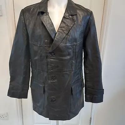 Buy Vintage Heavy Leather 1950s Black Jacket Button Overcoat 38  Small Medium 419 • 49£