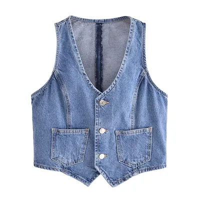 Buy Womens Denim Vest Sleeveless V Neck Button Down Jean Waistcoat Jacket Crop Tops • 22.74£