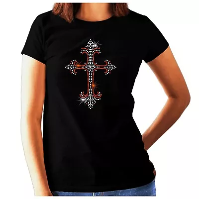 Buy Ladies Gothic Cross Rhinestone T Shirt - Celtic Rock Biker Crystal Diamante • 12.99£
