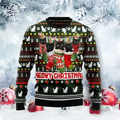 Buy Meowy Christmas Black Cat Ugly Christmas Sweater All Over Print • 38.94£