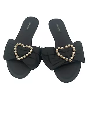 Buy Victorias Secret Black Heart Satin Slippers Pearl Heart Big Bow Size Medium 7-9 • 26.54£