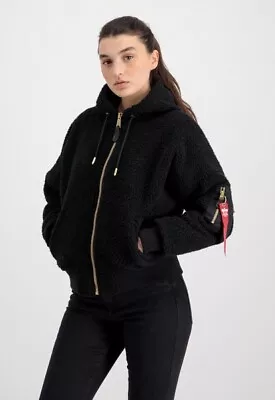 Buy Alpha Industries Women’s Hooded Teddy Jacket In Black Ma-1 Os - Uk Size Xl - New • 125.98£