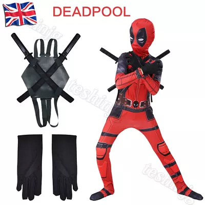Buy Kids Deadpool Costume Mask Bodysuit Boy Superhero Cosplay Party Fancy Dress Suit • 19.99£