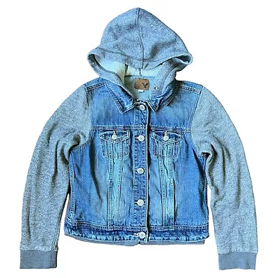 Buy American Eagle Women’s M Denim Jacket With Hoodie Button Up Collared Blue Jean • 15.42£