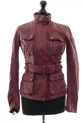 Buy Belstaff Ladies Leather Jacket Triumph 36 Red Antique Look Short Belt 100% Black • 473.47£