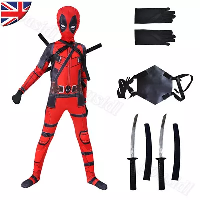 Buy Kids Deadpool Costume Mask Bodysuit Boys Superhero Cosplay Party Fancy Dress Red • 19.99£