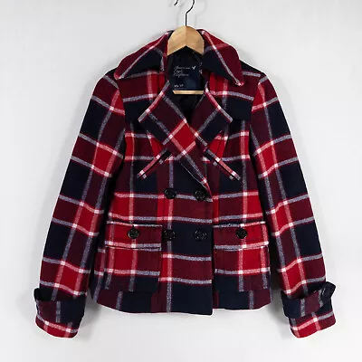 Buy American Eagle Pea Coat Jacket Womens XS Red White Blue Plaid Wool Blend Pockets • 20.10£