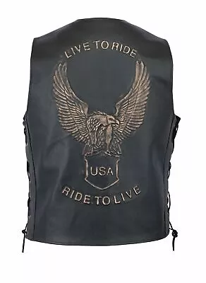 Buy Men's Genuine Leather Motorcycle Biker Vest Waistcoat Black Embellished Eagle • 39.99£