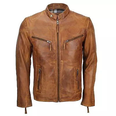 Buy Mens Fitted Tan Brown Real Leather Biker Jacket Vintage Zipped Smart Casual Coat • 49.99£