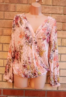 Buy Next Pink Floral Wrap V Neck Long Sleeve Blouse T Shirt Tunic Top 10 S • 14.99£