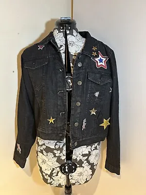 Buy Black Denim Jacket Star Patches Handmade Size 12 • 6.99£