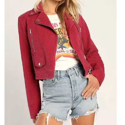 Buy Lulus Haight Street Hottie Berry Pink Cropped Corduroy Moto Jacket XS $49 SOLD O • 15£